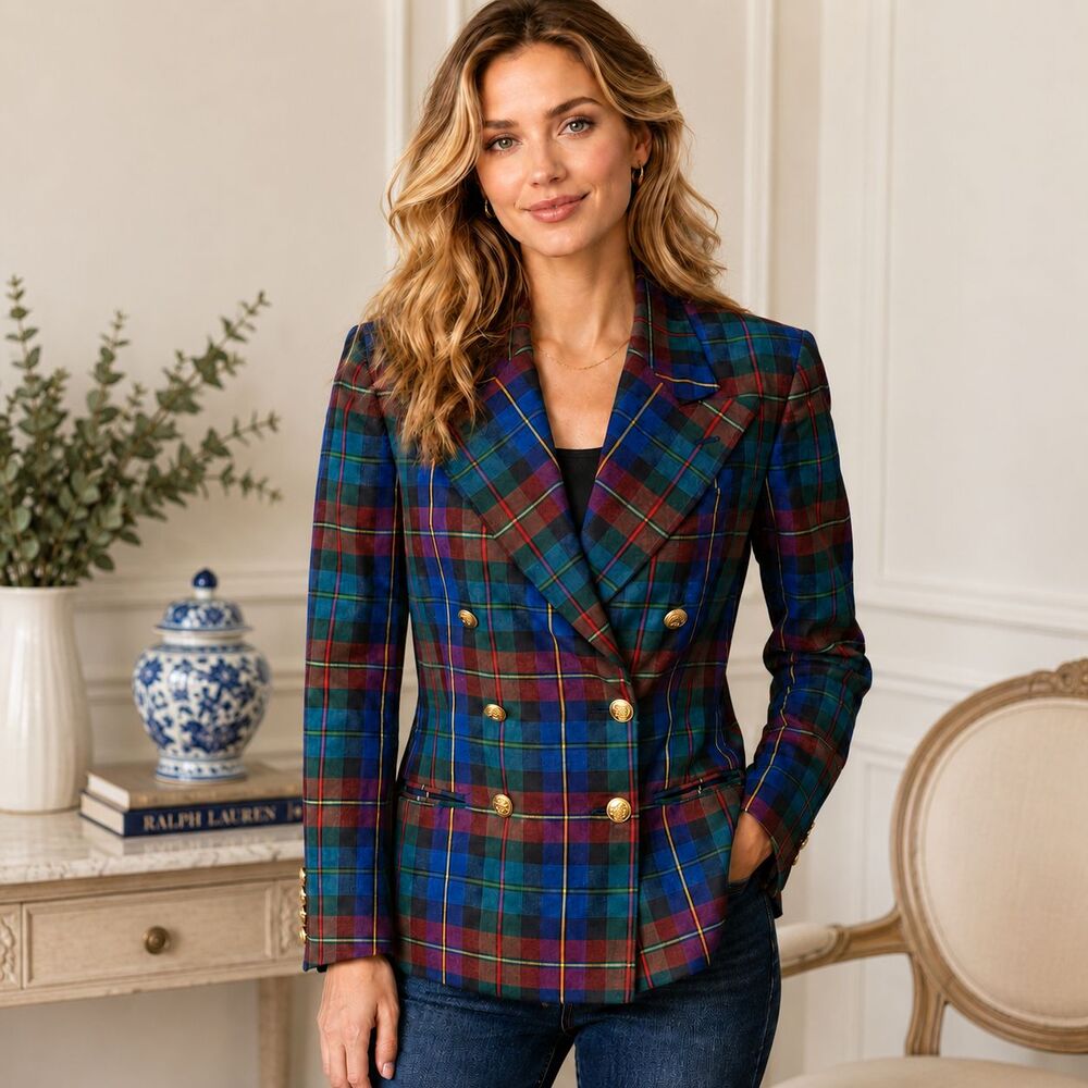 Vintage 80s Ralph Lauren Blazer 12 Tartan Plaid Double Breasted Gold Buttons